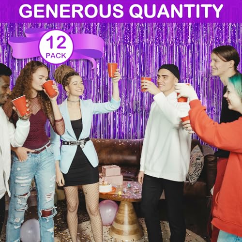 Purple Fringe Curtain Party Streamers - 12 Pack 3.3ft x 8.2ft Foil Backdrop for Birthday Wedding Baby Shower & Disco Party - Variation: Purple