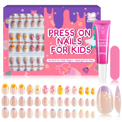 Kids Colorful Flower Press-On Nails Set with Glue - Old Colorful Flower Variation