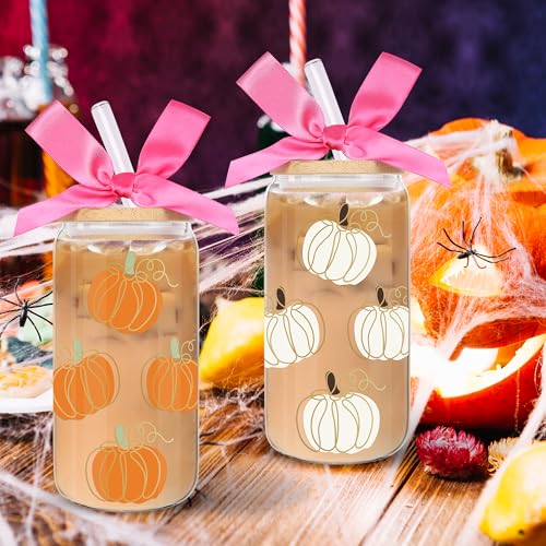 2 Pack 16oz Pumpkin Glass Tumbler Cups with Lids & Straws - Halloween Gift Set