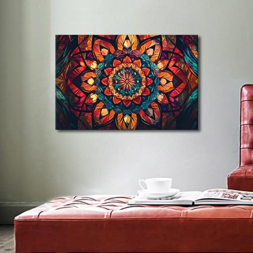 Canvas Wall Art - Mandala Stained Glass Window Design - 24x16 in - Framed Home Decor - Variation-02