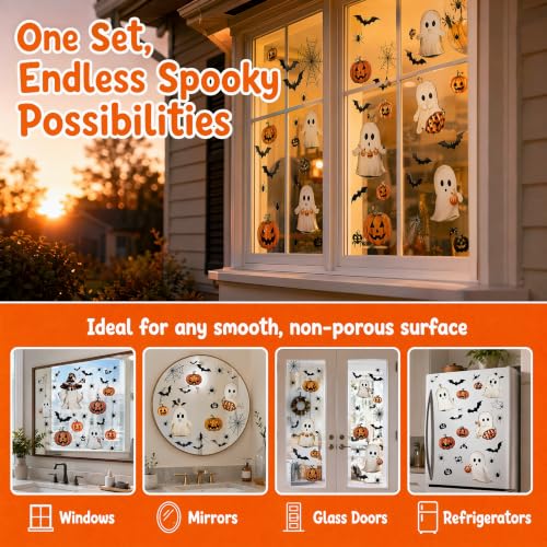 Halloween Window Decals Set - Reusable Ghost Bats Pumpkin Static Stickers for Glass