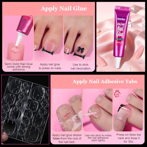 Pink French Square Toe Nail Press On Kit with Gems & Stickers - Teenitor