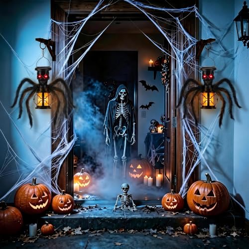 Halloween Skull Solar Lantern with Spider Legs - Orange, Flickering Flame Effect, Waterproof Outdoor Decor