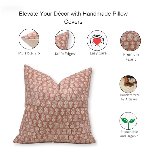 Orange Handmade Block Print Pillow Cover 22x22 Inch Cotton Cushion for Sofa Bed Decor - Tulsi Buti