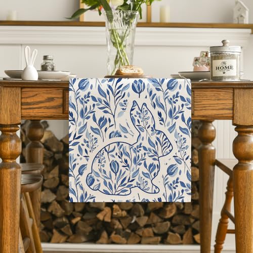 Easter Bunny Rabbit Table Runner 13x72 Inch Seasonal Spring Kitchen Decor - Beige