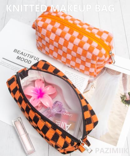Checkered Makeup Bag for Purse - Halloween Orange Small Travel Cosmetic Pouch - 1 Pack