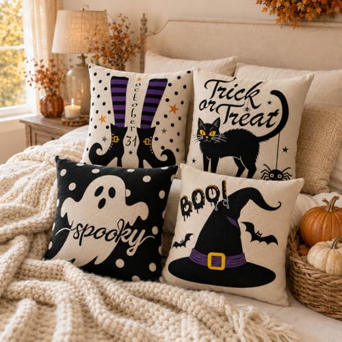 Purple Halloween Pillow Covers 16x16 Set of 4 - Spooky Fall Home Decor