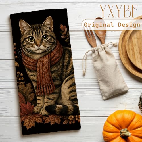 Fall Tabby Cat Hand Towel 16x24 Inch Halloween Pumpkin Autumn Decor - Fall Cat Variation