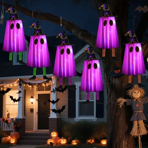 6-Pack Halloween Hanging Ghost Lights with Witch Hats - Outdoor Decor, Purple & Orange, Waterproof, Timer