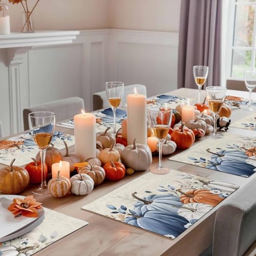 Blue Pumpkin Fall Placemats Set of 4 13x19 Inch Autumn Table Decor Washable