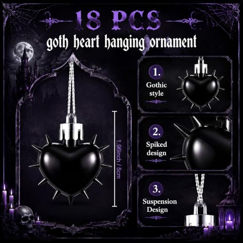 Gothic Heart Hanging Ornaments Set - Black Spiked Halloween & Holiday Decor, 18 Pack