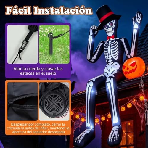 Giant Sitting Skeleton Inflatable Halloween Decoration with Pumpkin & Black Variation