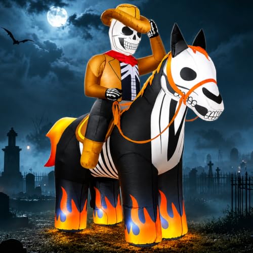 7FT Halloween Inflatable Skeleton Cowboy Riding Flame-Hoofed Horse Outdoor Decor
