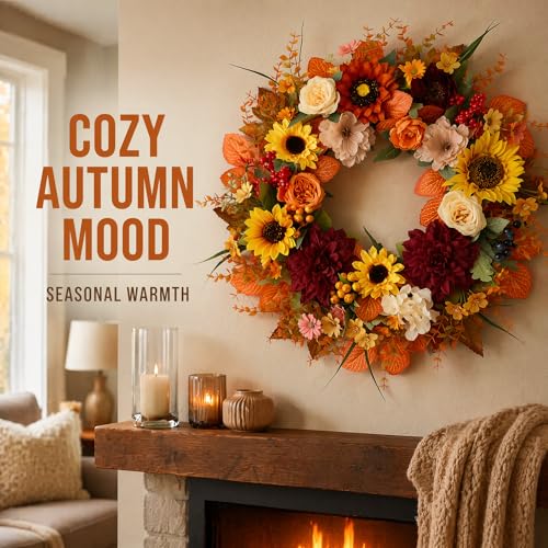 24 Inch Fall Wreath for Front Door Autumn Sunflowers & Seasonal Decor