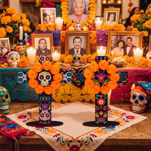 Day of the Dead Table Decor Set - Marigold & Sugar Skull Wooden Crosses, 2 Pieces