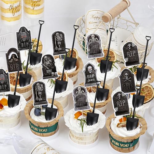 Halloween Cupcake Toppers & Mini Shovel Spoons Set - 23 Variation, 48 pcs