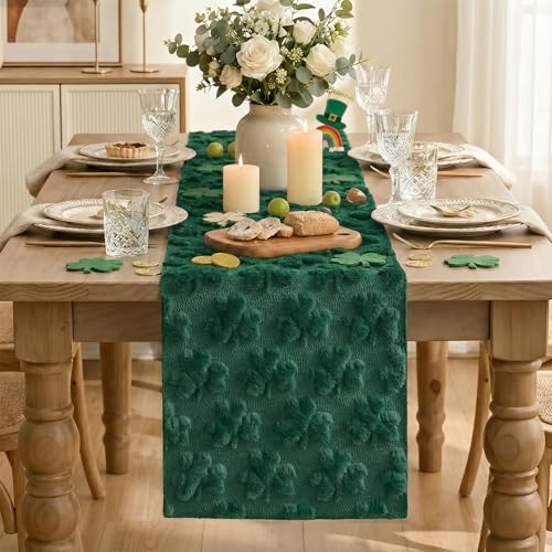 Green Plush Faux Fur Lucky Clover Table Runner - 13x36 Inch Seasonal Decor