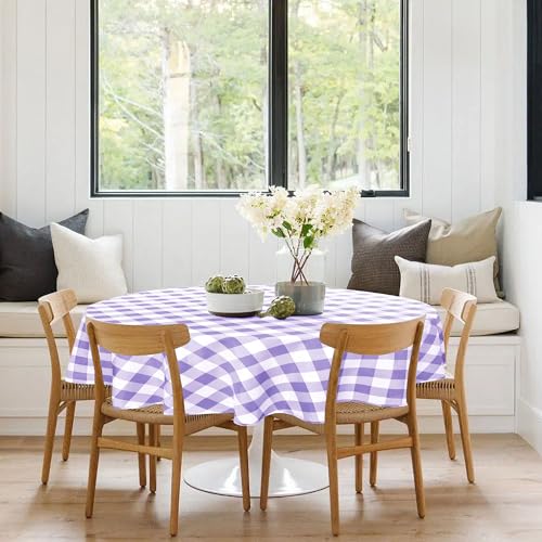 Waterproof Checkered Round Tablecloth 120 Inch - Purple & White, Spill-Proof