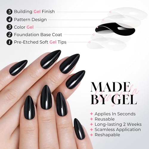 Obsidian Gloss Soft Gel Press-On Nails - 32 Pcs Reusable Black Almond False Nails for DIY Manicure