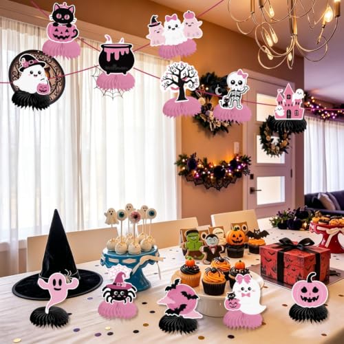 Halloween Honeycomb Table Centerpieces Set - Black Pink Pumpkin Ghost Spider Bat Pattern - PRESSINART, 12 Pcs