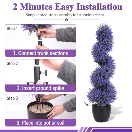 3ft Artificial Topiary Spiral Tree with Lavender Set of 2 - Outdoor Faux Bushes