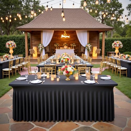 Black 8ft Spandex Tablecloths for Rectangle Tables, Wrinkle-Free Fitted Covers - 8 Pack