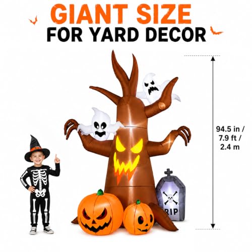 8ft Halloween Inflatable Ghost Tree Decoration with Pumpkins and Tombstone - Waterproof & LED Lighted Yard Decor