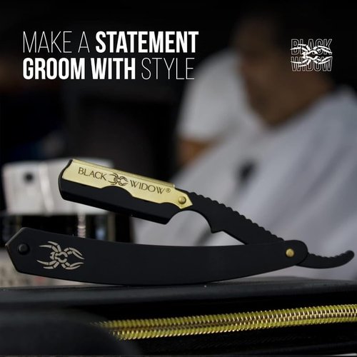 Black Widow Professional Straight Razor – Matte Black & Gold Barber Razor for Men – 1.5 mm Exposure, Swing Lock Grip, Stainless Steel Shavette for Barbers & Beginners pack of 10 blades