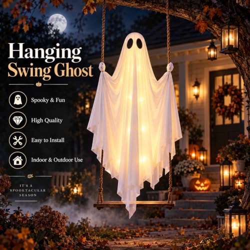 Large 4.5FT Hanging Ghost Swing Halloween Decor with Remote & Adjustable Ropes