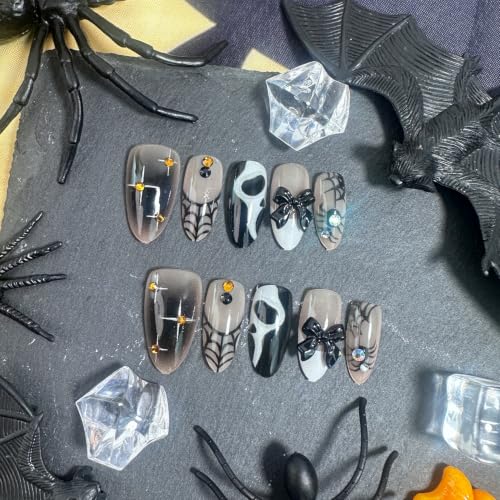 Colorful Ghost Spider Web Press On Nails with 3D Bow & Diamond - Halloween Fake Nails