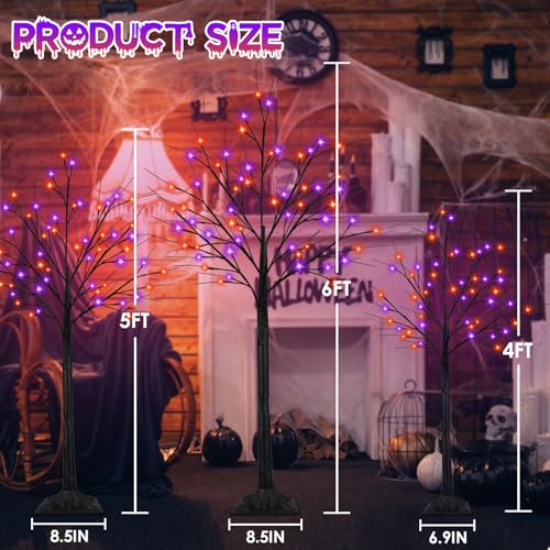 Set of 3 Black Halloween Tree with Orange and Purple LED Lights - 4ft, 5ft, 6ft, Indoor Outdoor Decor with Timer