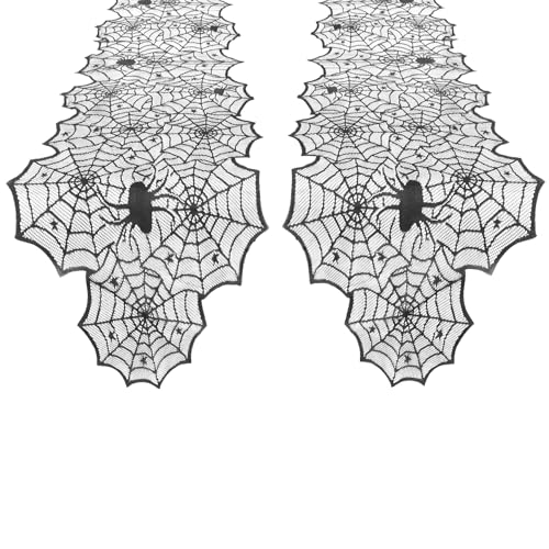 Black Lace Spiderweb Table Runner Set - Halloween Decor 2 Pieces 18x73 Inches