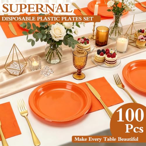 Orange Plastic Party Plates 100 Pack for Halloween & Fall Celebrations - 9 Inch & Napkins Included