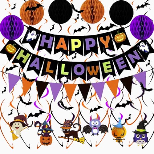 Halloween Party Banner Set with 3D Bats, Bunting, Pom Poms & Garland