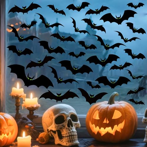 Halloween Window Clings Set - Large Scary Bat Silhouettes with Glow Eyes, Double Sided, 6 Sheets