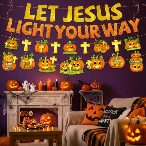 Christian Halloween Decorations Banner Set with Cross & Pumpkin Quotes