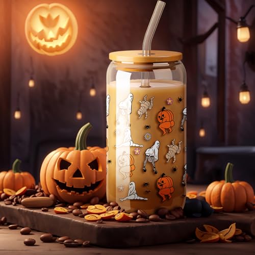 Funny Halloween Ghost Glass Cups with Lid & Straw - 16 oz Boo Basket Stuffer