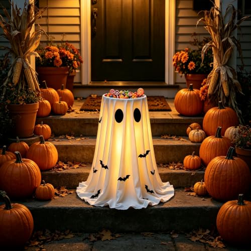Halloween Ghost Candy Bowl with Stand - Glowing Trick-or-Treat Decor for Front Porch & Entryway