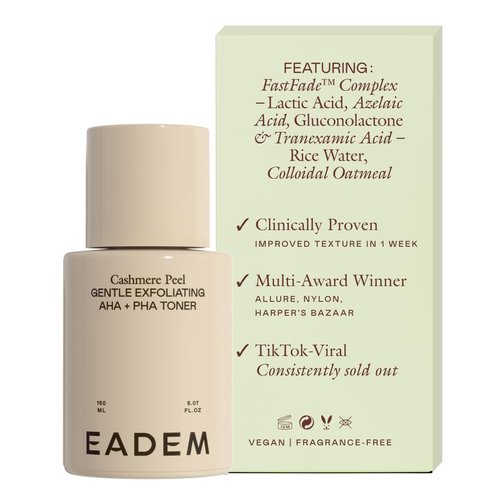 EADEM Gentle Exfoliating AHA & PHA Toner, Milky Rice Toner Exfoliant with Lactic, Azelaic, & Tranexamic Acid, Rice Water AHA Exfoliator & Pore Minimizer for Face and Body, 5.0 oz, Cashmere Peel