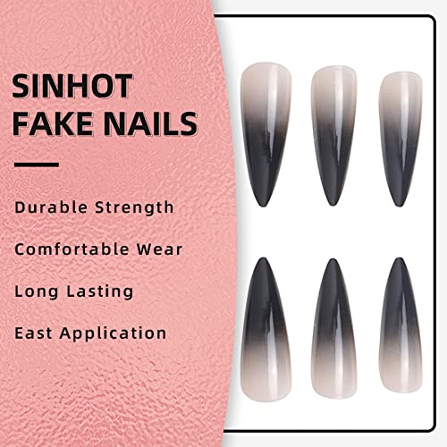 FND0001D Extra Long Stiletto Press On Nails with Black Gradient Design - 24pcs