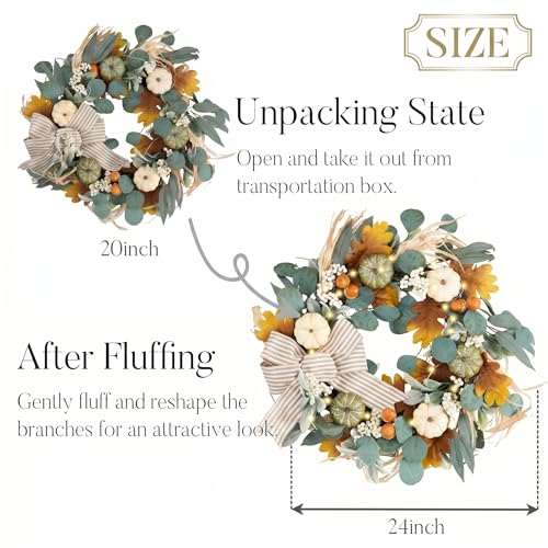 Fall Wreath with LED Lights - White & Green Pumpkins, Rustic Decor - 24 Inch
