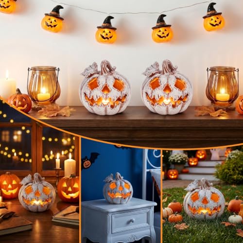 Gray 4.1 Inch Light Up Halloween Pumpkin Resin Jack O Lantern LED