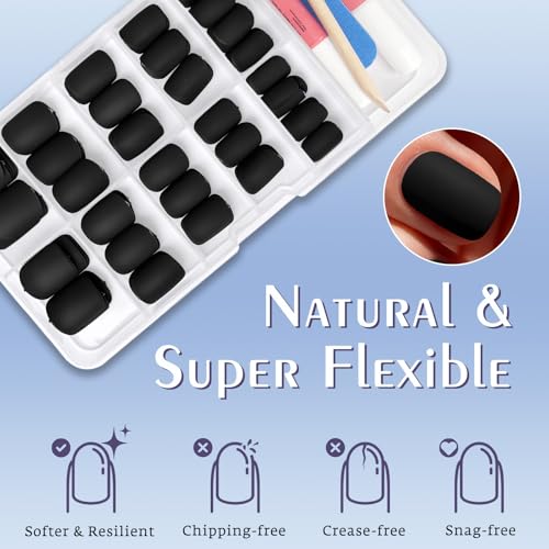 Black Short Square Press On Nails 120 Pcs - Fake Nail Kit with Glue & Tabs