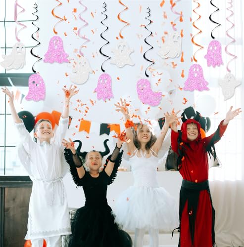 Halloween Ghost Hanging Swirl Decorations - White & Pink Glittery Party Decor Set of 24