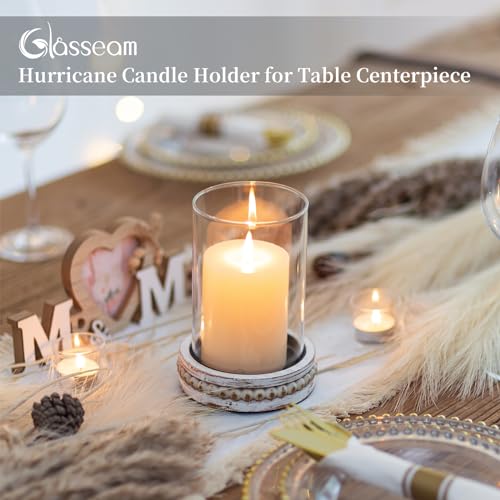 Hurricane Glass Candle Holders Set of 2 - Rustic Beaded Pillar Candle Holders for Dining & Living Room Decor - Farmhouse Style
