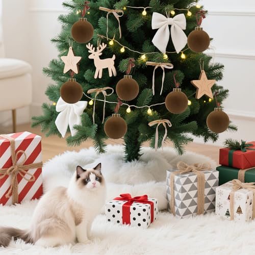 Christmas Velvet Ball Ornaments Set - Brown 15pcs with 10 Bows - Flocked Holiday Decor - Variation of Brown