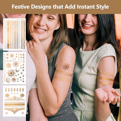 Gold Temporary Tattoos Set - 9 Sheets, 110+ Metallic Designs Waterproof Body Art