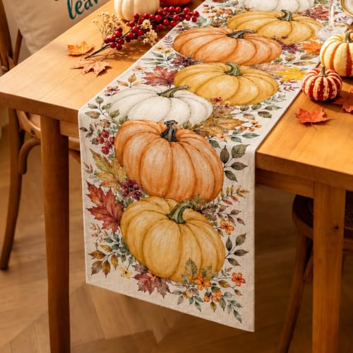 Fall Pumpkin Table Runner - 13x72 Inches for Farmhouse Kitchen Decor - Variation of Fall Big Pumpkin