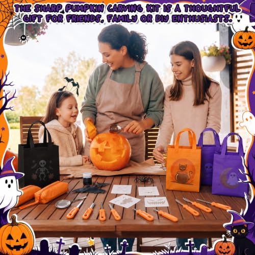 Halloween Pumpkin Carving Kit with Stencils & Trick or Treat Tote Bag - Skull Ghost Variation