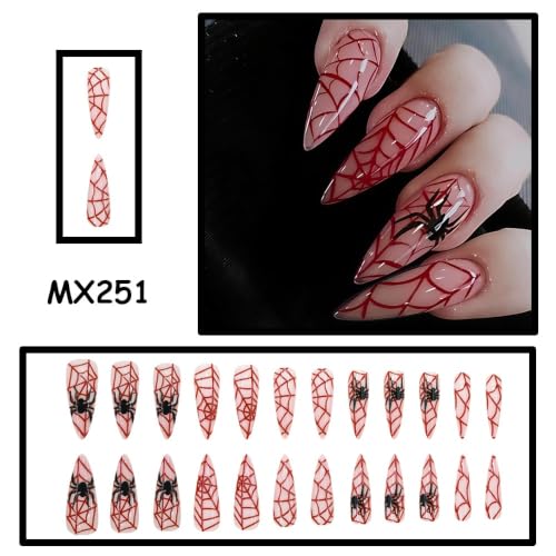 Halloween Long Stiletto Press On Nails with Spider Web Design - Pattern A18, Reusable Red & Black Fake Nails, 24Pcs